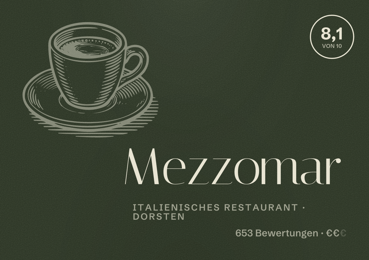 Illustriertes Poster von Mezzomar, Italienisches Restaurant in Dorsten: Bewertung 8,1 von 10 aus 653 Bewertungen, Preisniveau €€