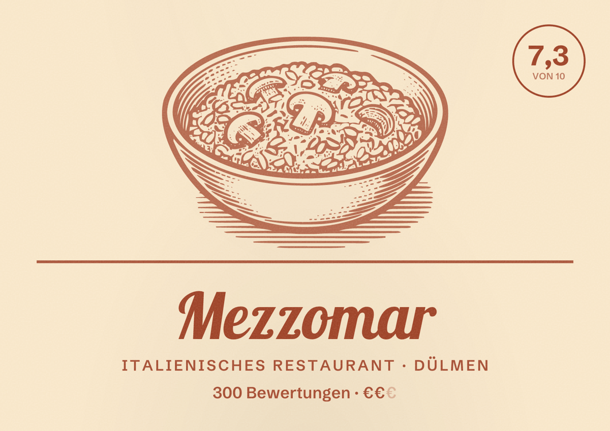 Illustriertes Poster von Mezzomar, Italienisches Restaurant in Dülmen: Bewertung 7,3 von 10 aus 300 Bewertungen, Preisniveau €€