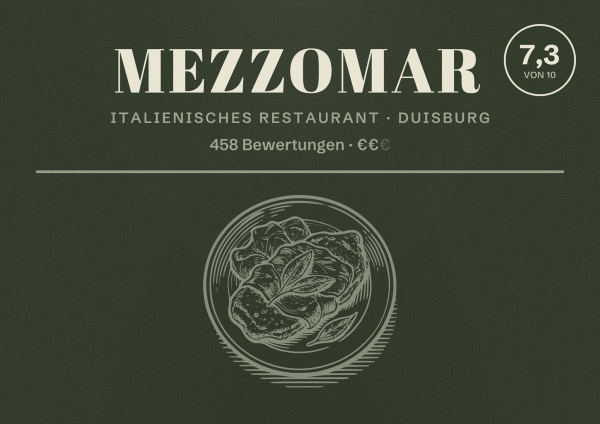 Illustriertes Poster von Mezzomar, Italienisches Restaurant in Duisburg: Bewertung 7,3 von 10 aus 458 Bewertungen, Preisniveau €€