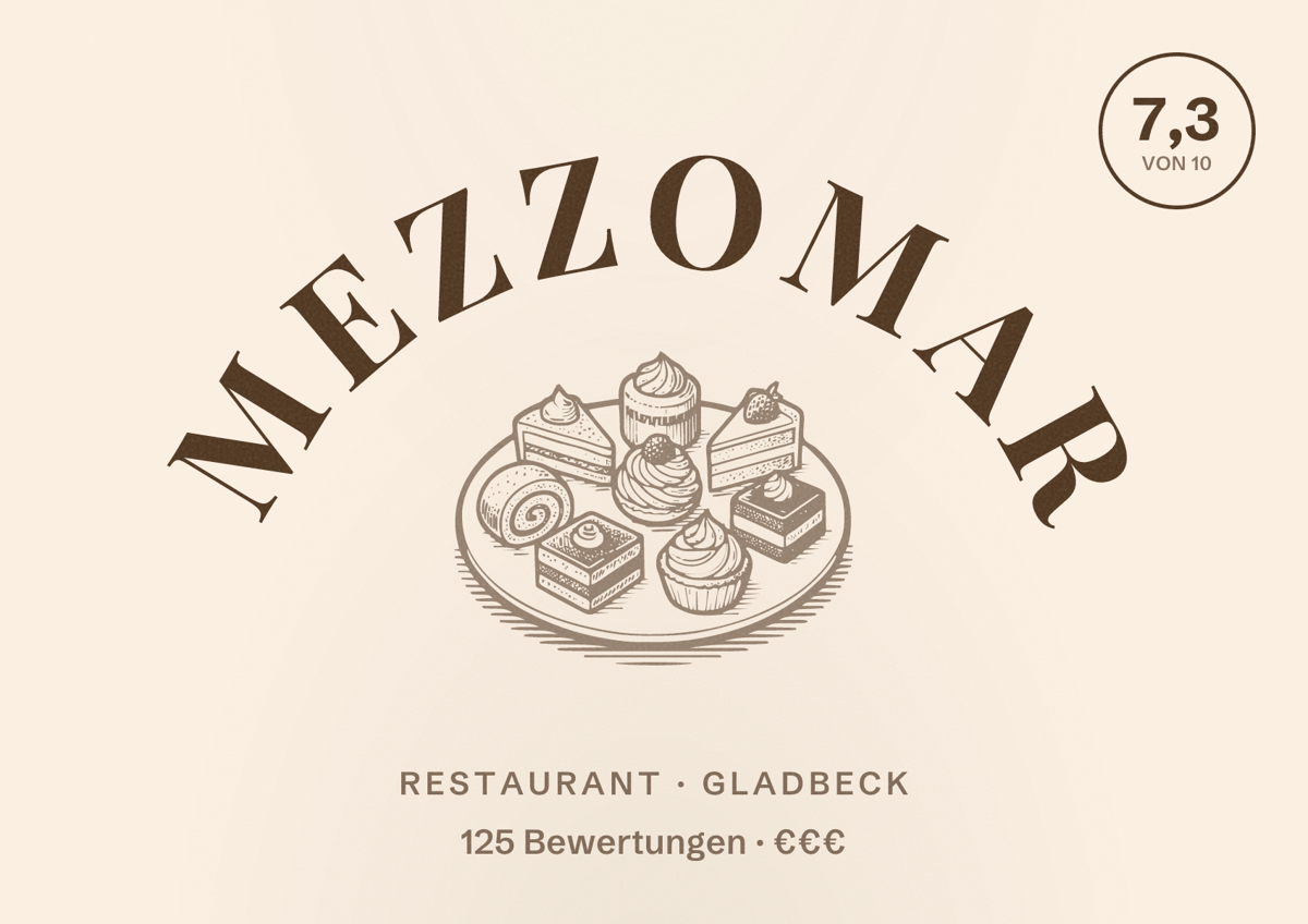 Illustriertes Poster von Mezzomar, Restaurant in Gladbeck: Bewertung 7,3 von 10 aus 125 Bewertungen, Preisniveau €€€