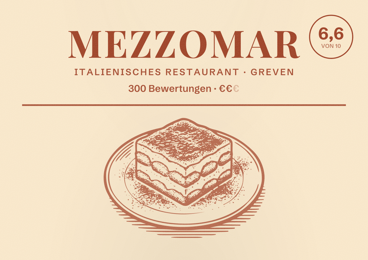 Illustriertes Poster von Mezzomar, Italienisches Restaurant in Greven: Bewertung 6,6 von 10 aus 300 Bewertungen, Preisniveau €€
