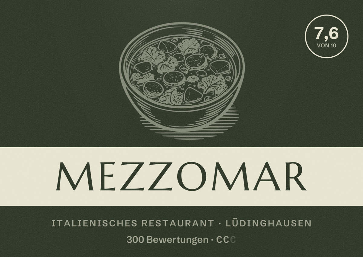 Illustriertes Poster von Mezzomar, Italienisches Restaurant in Lüdinghausen: Bewertung 7,6 von 10 aus 300 Bewertungen, Preisniveau €€
