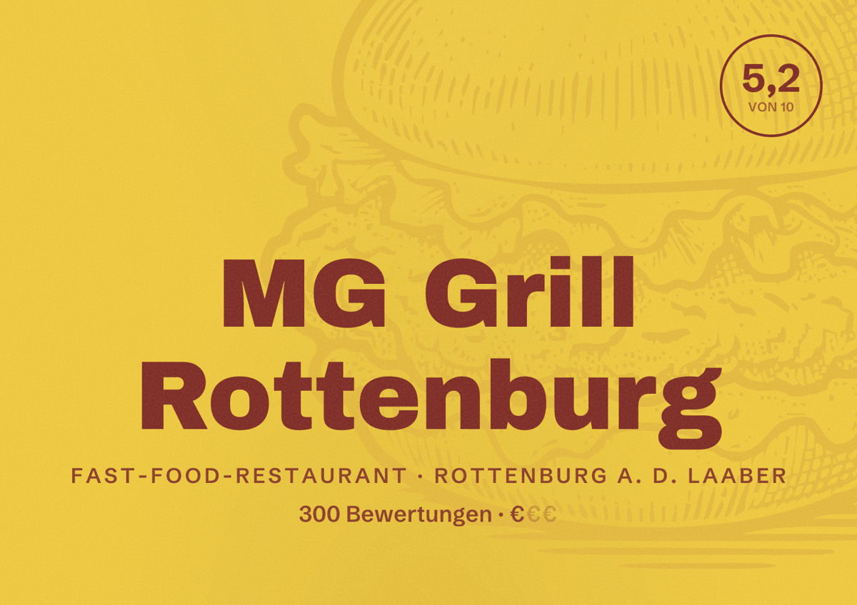 Illustriertes Poster von MG Grill Rottenburg, Fast-Food-Restaurant in Rottenburg a. d. Laaber: Bewertung 5,2 von 10 aus 300 Bewertungen, Preisniveau €