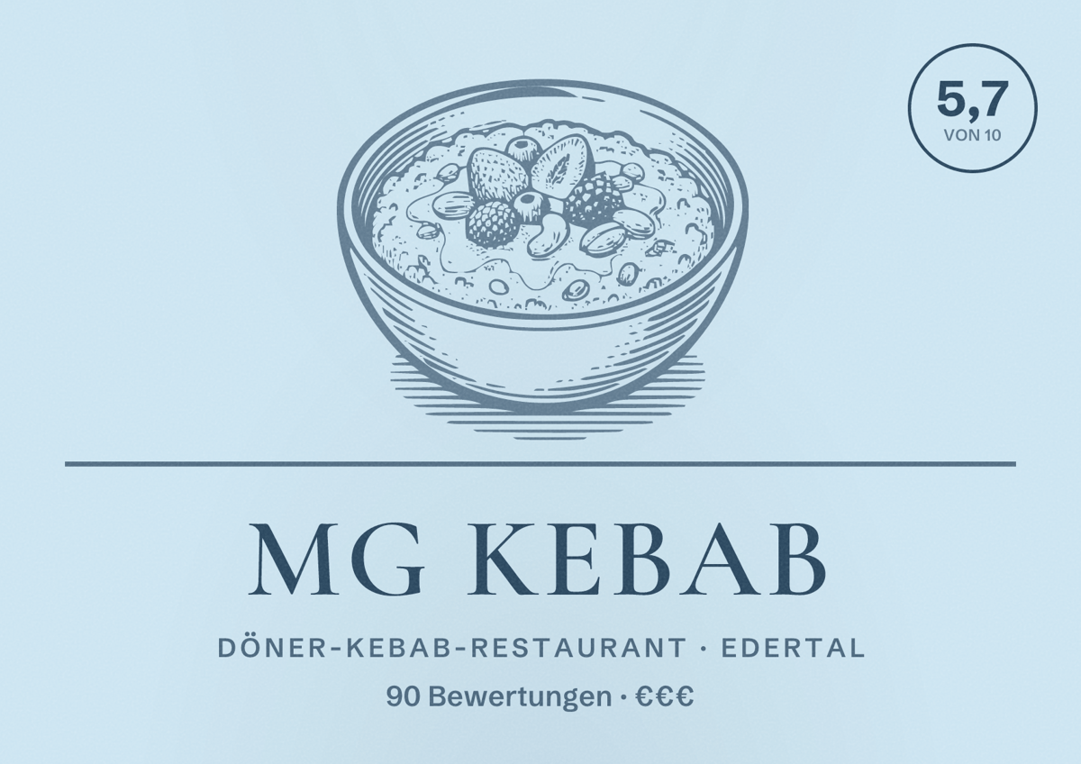Illustriertes Poster von MG Kebab, Döner-Kebab-Restaurant in Edertal: Bewertung 5,7 von 10 aus 90 Bewertungen, Preisniveau €€€