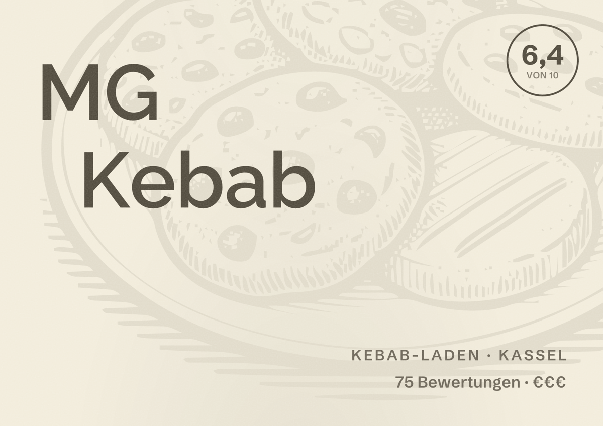 Illustriertes Poster von MG Kebab, Kebab-Laden in Kassel: Bewertung 6,4 von 10 aus 75 Bewertungen, Preisniveau €€€