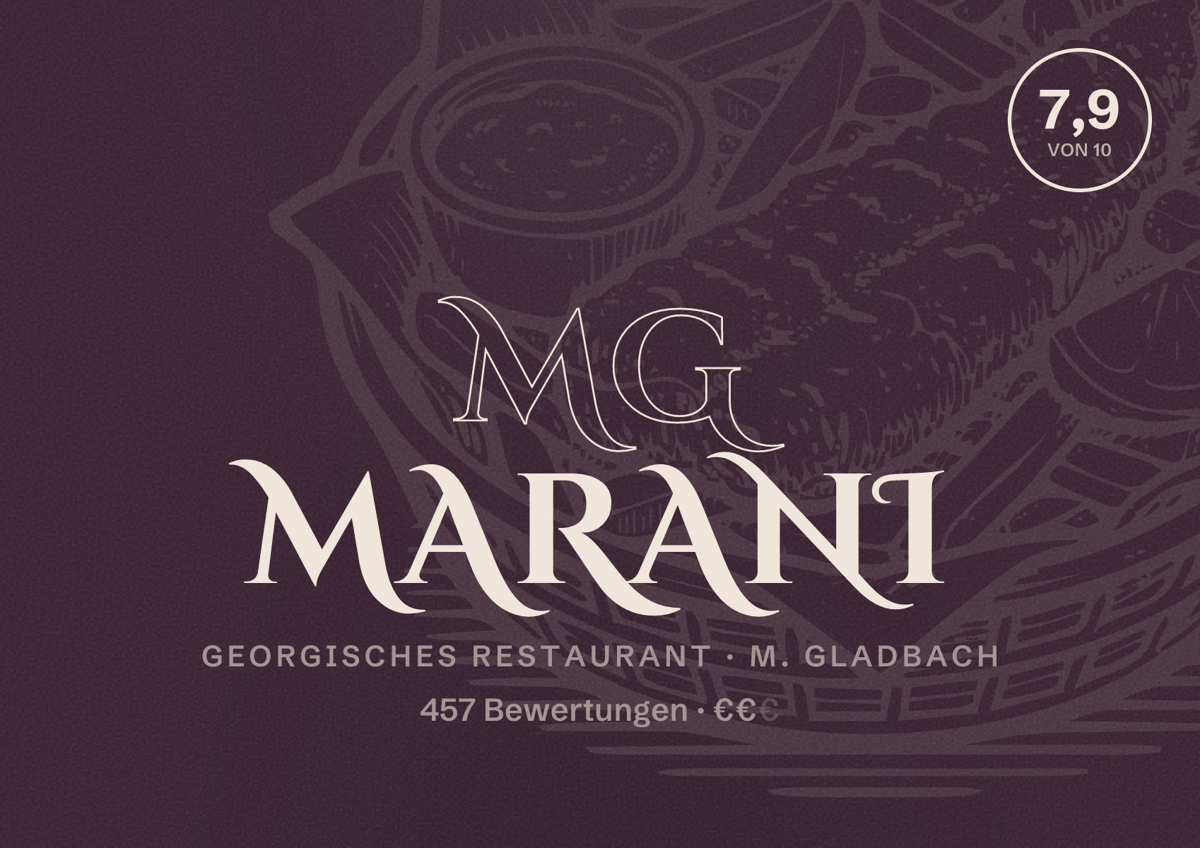 Illustriertes Poster von Mg Marani, Georgisches Restaurant in M. Gladbach: Bewertung 7,9 von 10 aus 457 Bewertungen, Preisniveau €€