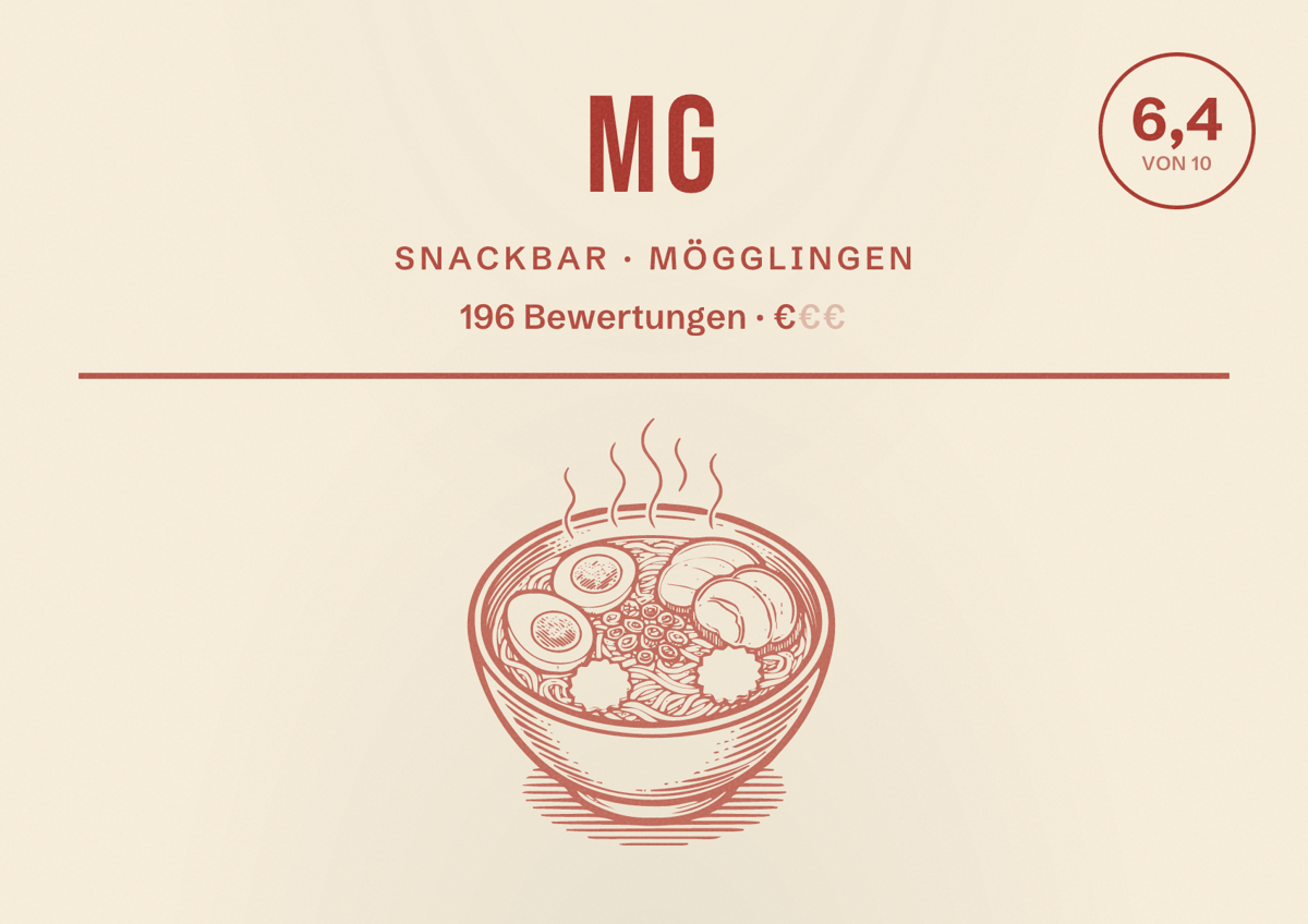 Illustriertes Poster von Mg, Snackbar in Mögglingen: Bewertung 6,4 von 10 aus 196 Bewertungen, Preisniveau €