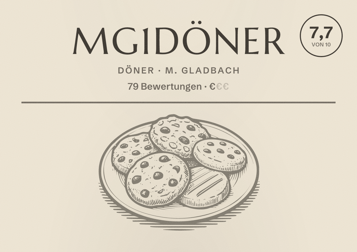 Illustriertes Poster von Mg1Döner, Döner in M. Gladbach: Bewertung 7,7 von 10 aus 79 Bewertungen, Preisniveau €