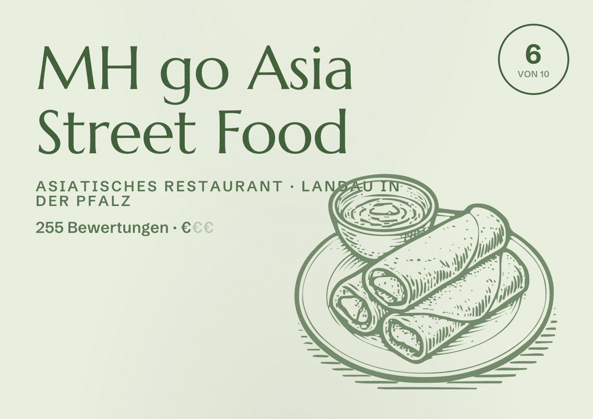 Illustriertes Poster von MH go Asia Street Food, Asiatisches Restaurant in Landau in der Pfalz: Bewertung 6 von 10 aus 255 Bewertungen, Preisniveau €