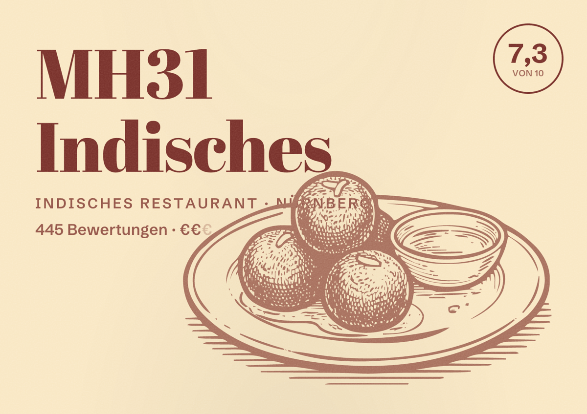 Illustriertes Poster von MH31 Indisches, Indisches Restaurant in Nürnberg: Bewertung 7,3 von 10 aus 445 Bewertungen, Preisniveau €€