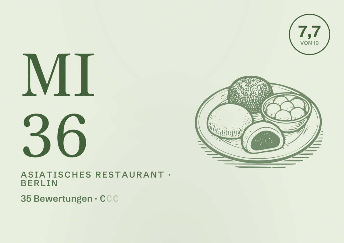 Illustriertes Poster von Mi 36, Asiatisches Restaurant in Berlin: Bewertung 7,7 von 10 aus 35 Bewertungen, Preisniveau €
