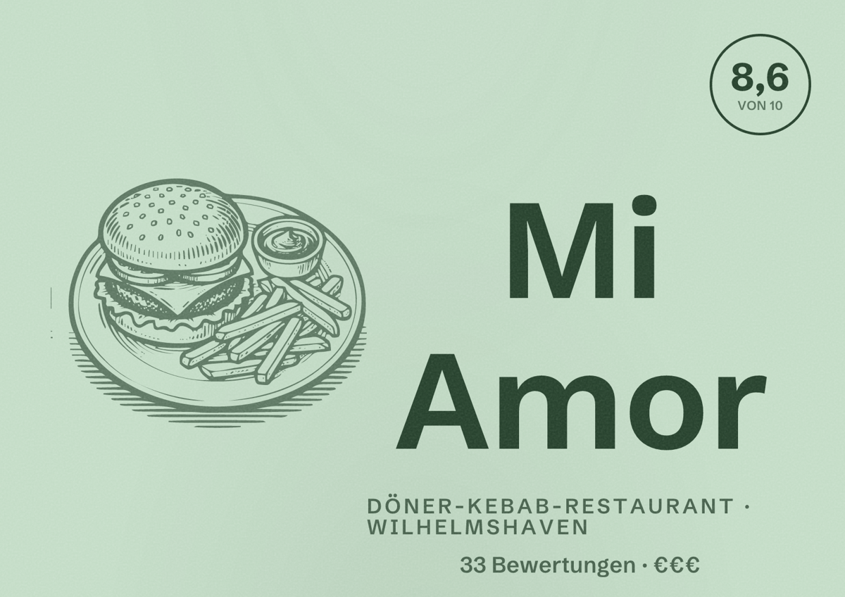Illustriertes Poster von Mi Amor, Döner-Kebab-Restaurant in Wilhelmshaven: Bewertung 8,6 von 10 aus 33 Bewertungen, Preisniveau €€€