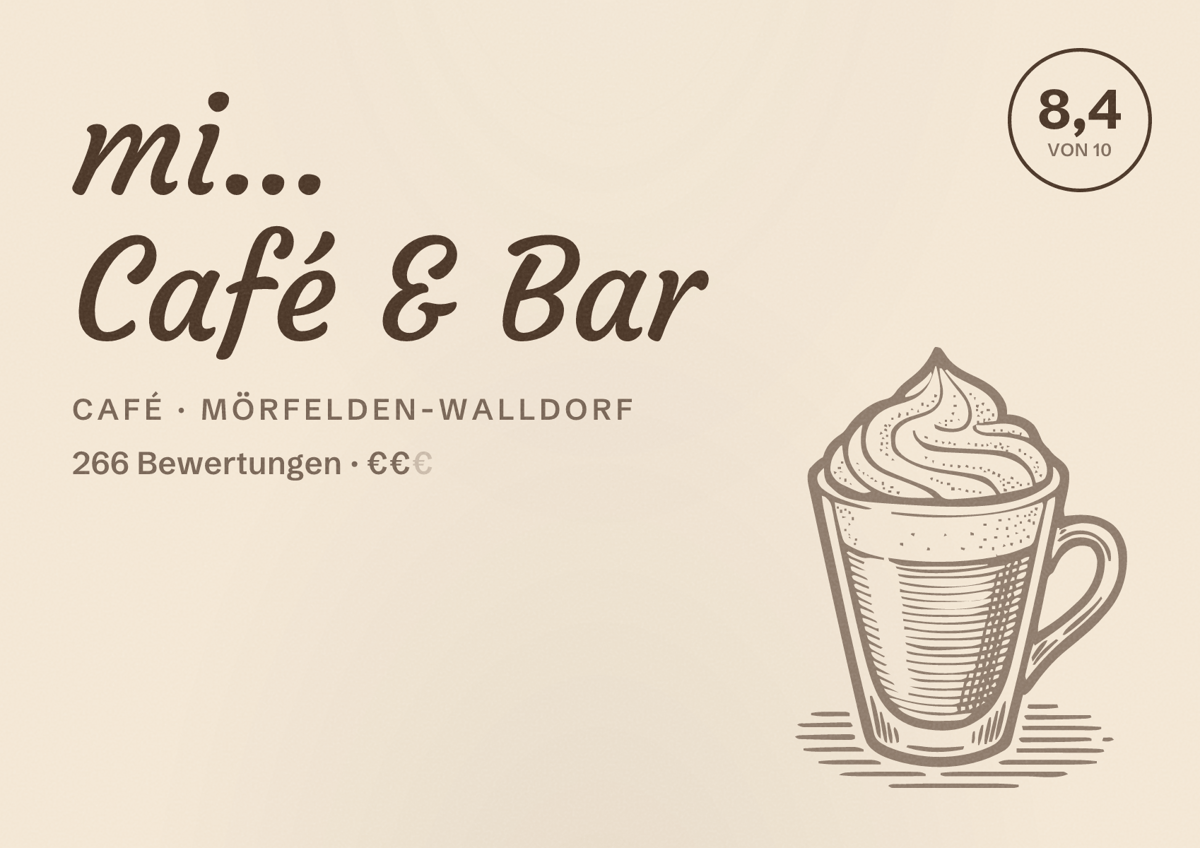 Illustriertes Poster von mi... Café & Bar, Café in Mörfelden-Walldorf: Bewertung 8,4 von 10 aus 266 Bewertungen, Preisniveau €€