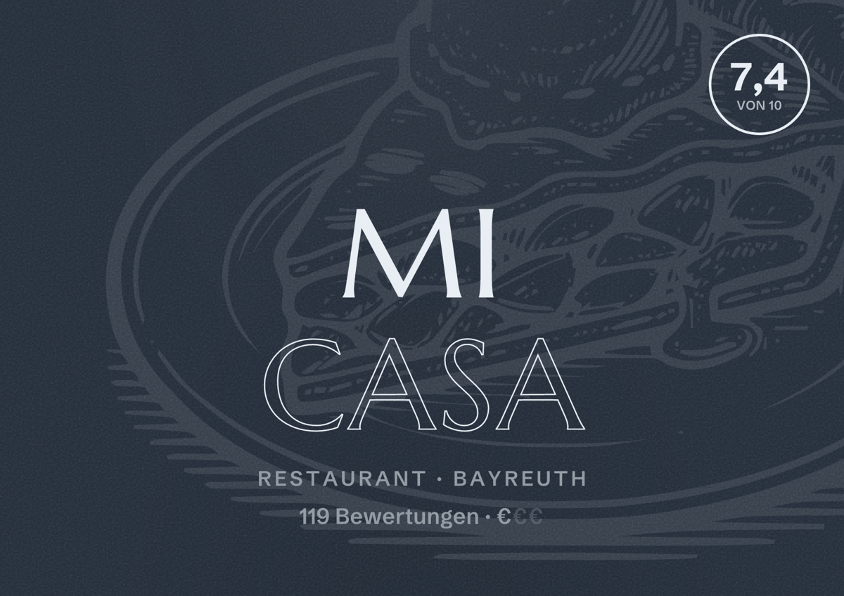 Illustriertes Poster von Mi Casa, Restaurant in Bayreuth: Bewertung 7,4 von 10 aus 119 Bewertungen, Preisniveau €
