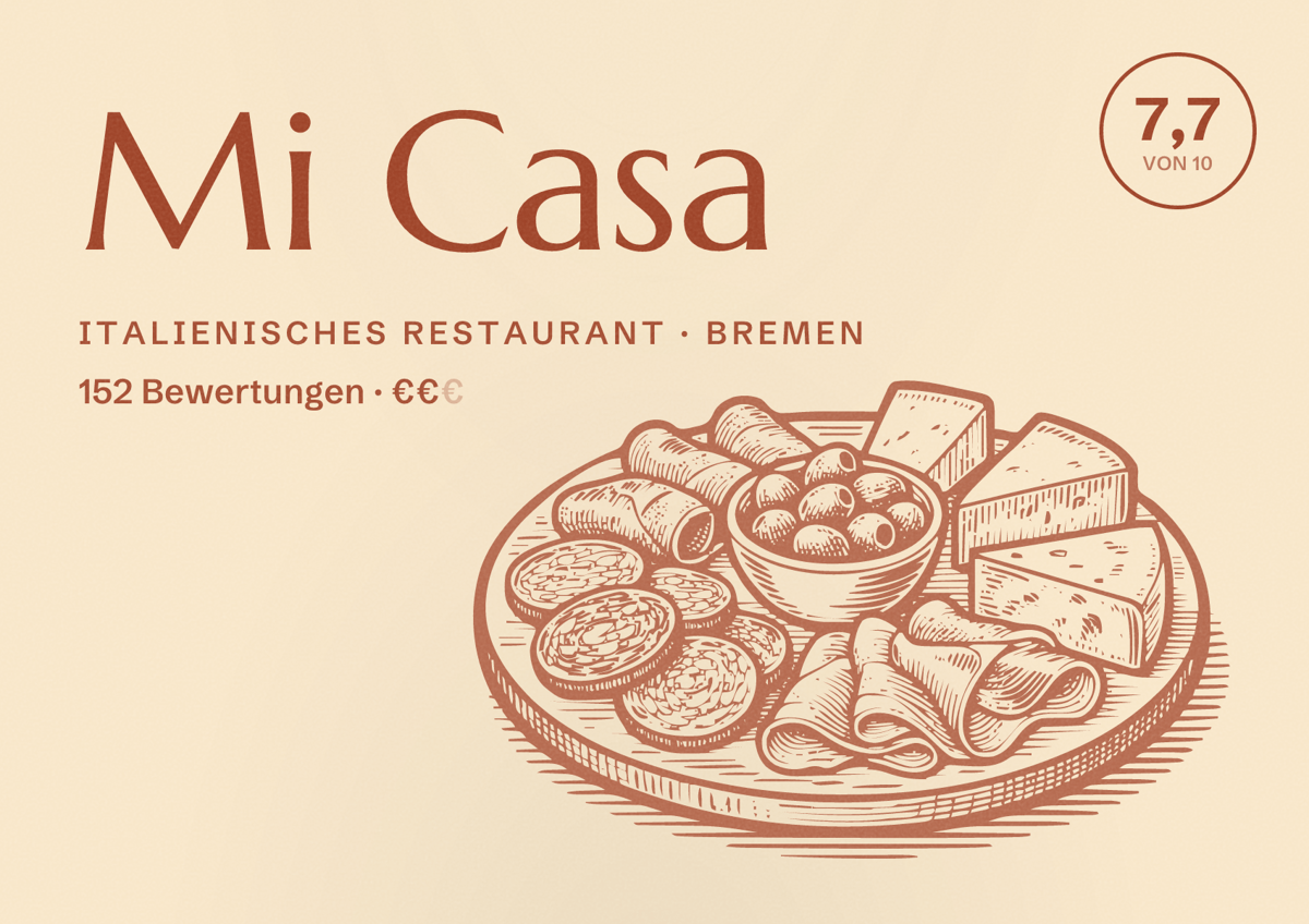 Illustriertes Poster von Mi Casa, Italienisches Restaurant in Bremen: Bewertung 7,7 von 10 aus 152 Bewertungen, Preisniveau €€