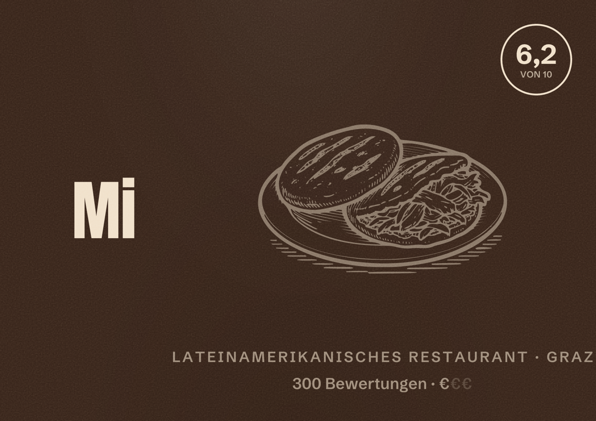 Illustriertes Poster von Mi Casa, Lateinamerikanisches Restaurant in Graz: Bewertung 6,2 von 10 aus 300 Bewertungen, Preisniveau €