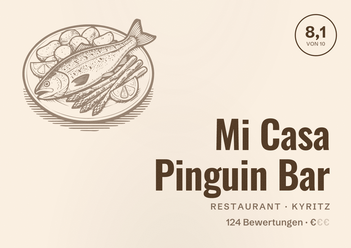 Illustriertes Poster von Mi Casa Pinguin Bar, Restaurant in Kyritz: Bewertung 8,1 von 10 aus 124 Bewertungen, Preisniveau €