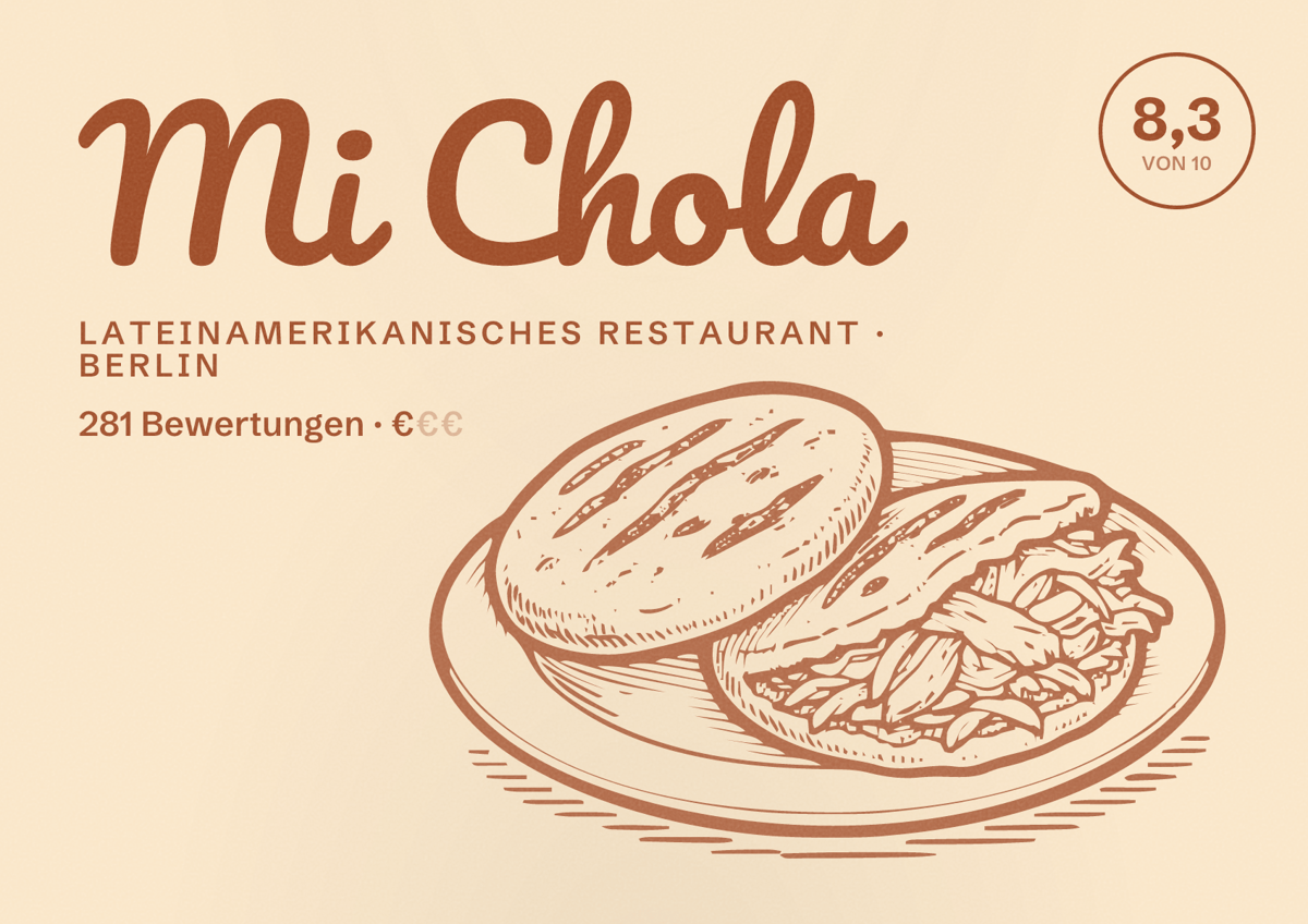 Illustriertes Poster von Mi Chola, Lateinamerikanisches Restaurant in Berlin: Bewertung 8,3 von 10 aus 281 Bewertungen, Preisniveau €