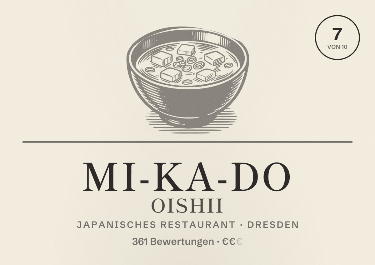Illustriertes Poster von Mi-Ka-Do Oishii, Japanisches Restaurant in Dresden: Bewertung 7 von 10 aus 361 Bewertungen, Preisniveau €€