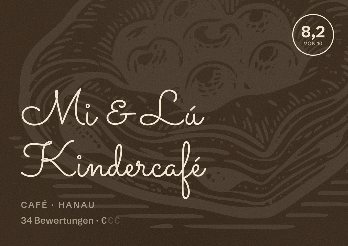 Illustriertes Poster von Mi & Lú Kindercafé, Café in Hanau: Bewertung 8,2 von 10 aus 34 Bewertungen, Preisniveau €
