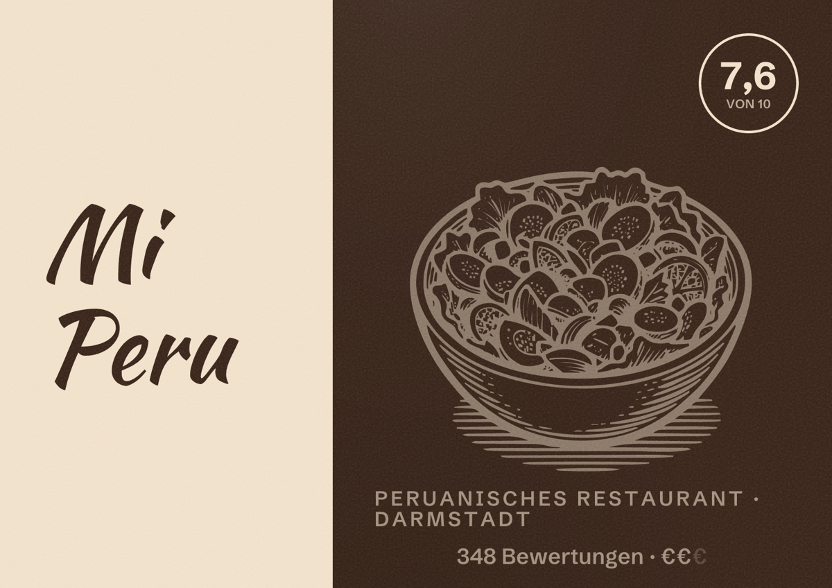 Illustriertes Poster von Mi Peru, Peruanisches Restaurant in Darmstadt: Bewertung 7,6 von 10 aus 348 Bewertungen, Preisniveau €€
