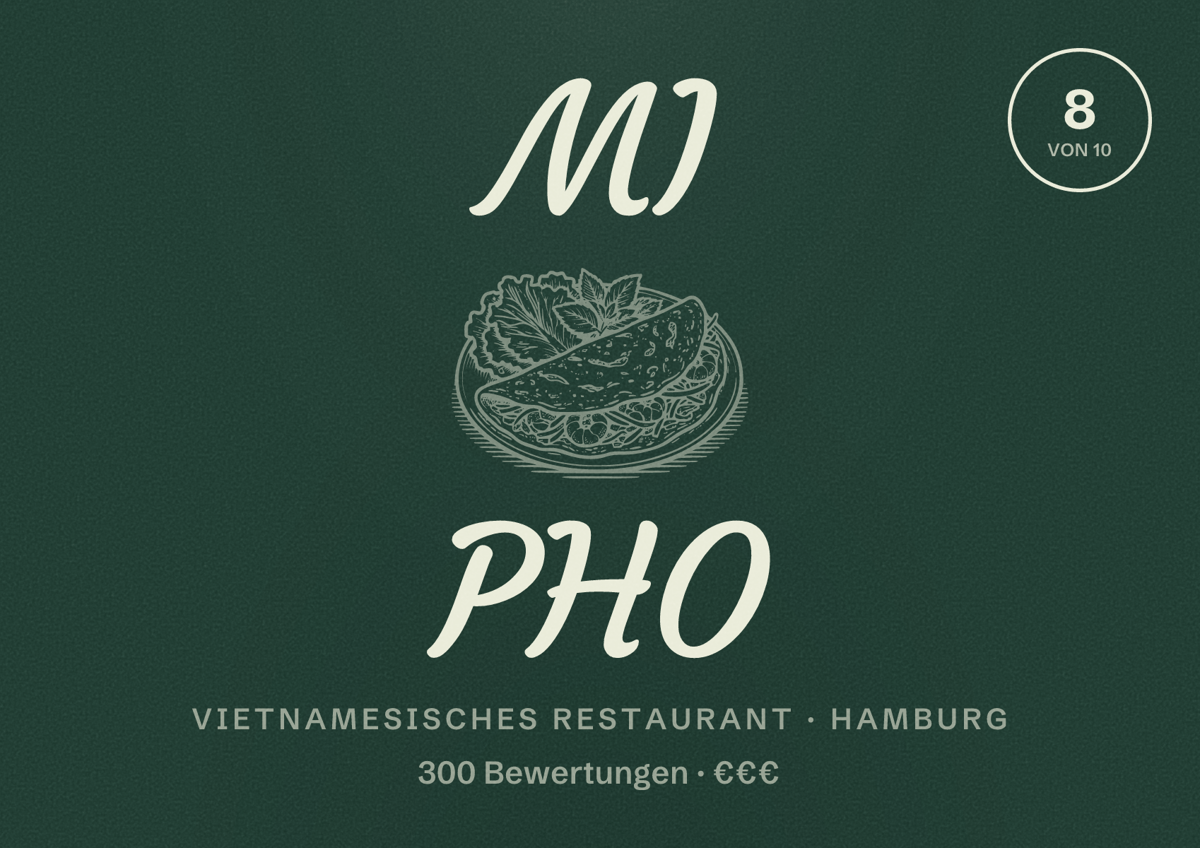 Illustriertes Poster von MI PHO, Vietnamesisches Restaurant in Hamburg: Bewertung 8,0 von 10 aus 300 Bewertungen, Preisniveau €€€