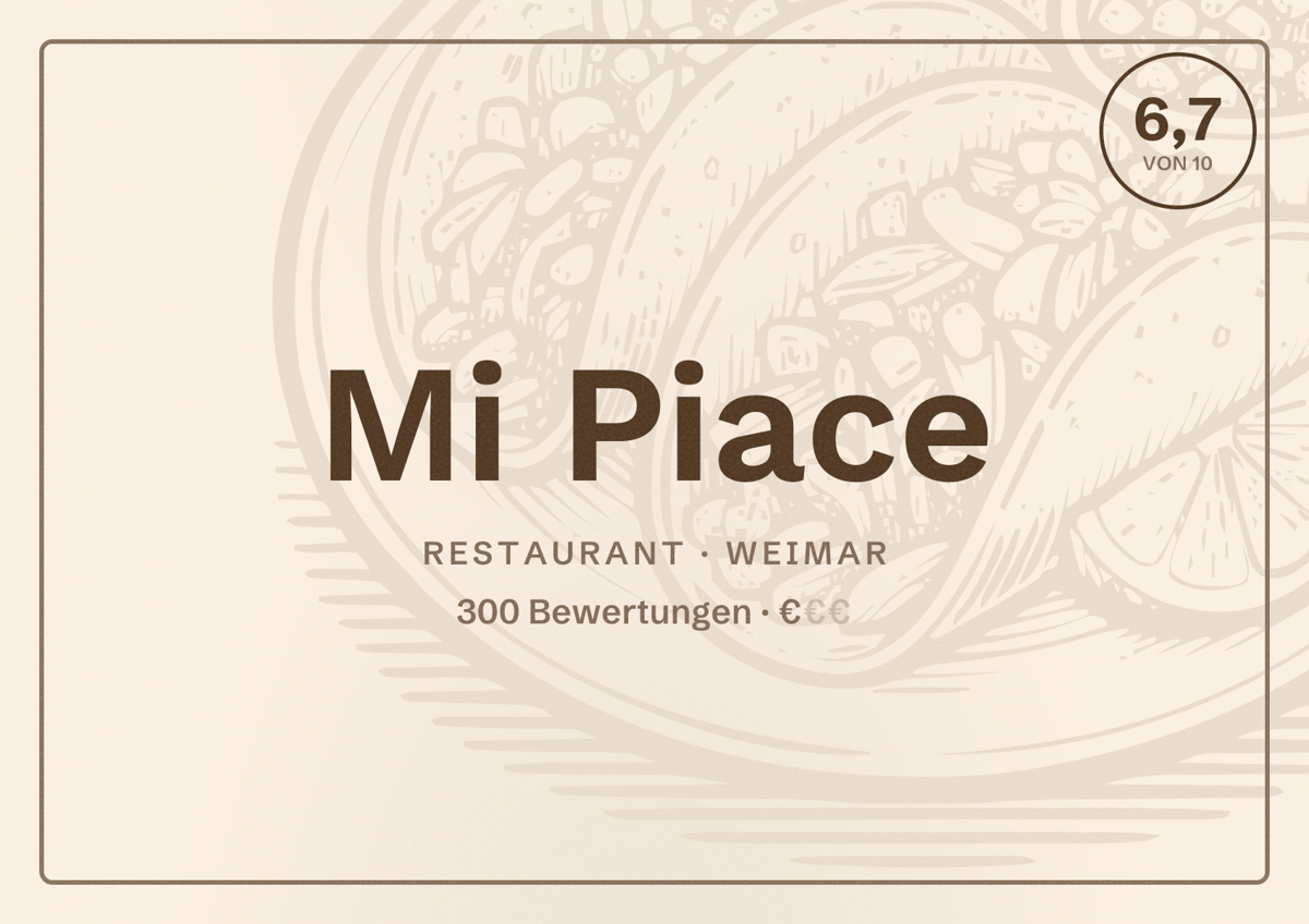 Illustriertes Poster von Mi Piace, Restaurant in Weimar: Bewertung 6,7 von 10 aus 300 Bewertungen, Preisniveau €