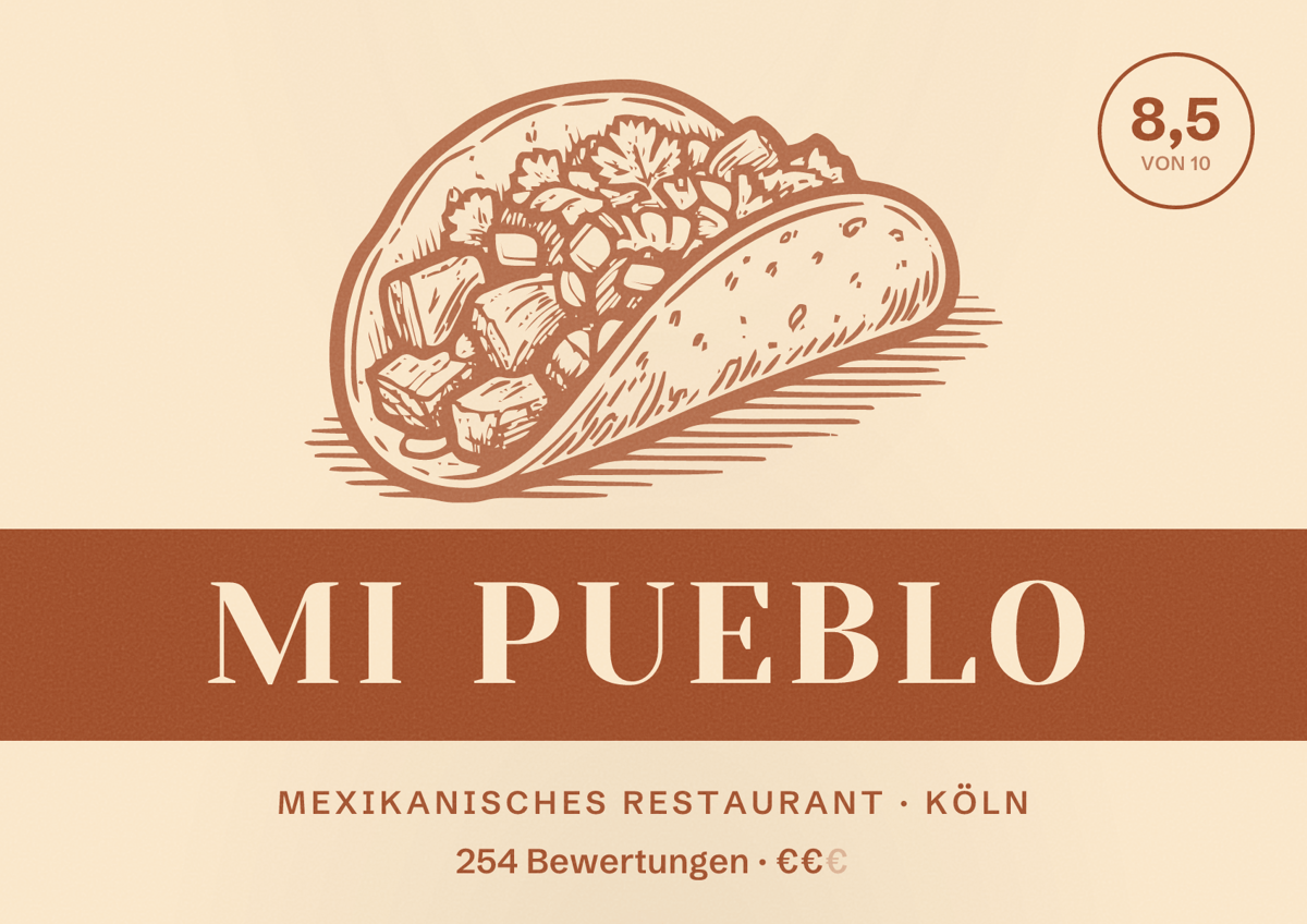 Illustriertes Poster von Mi Pueblo, Mexikanisches Restaurant in Köln: Bewertung 8,5 von 10 aus 254 Bewertungen, Preisniveau €€