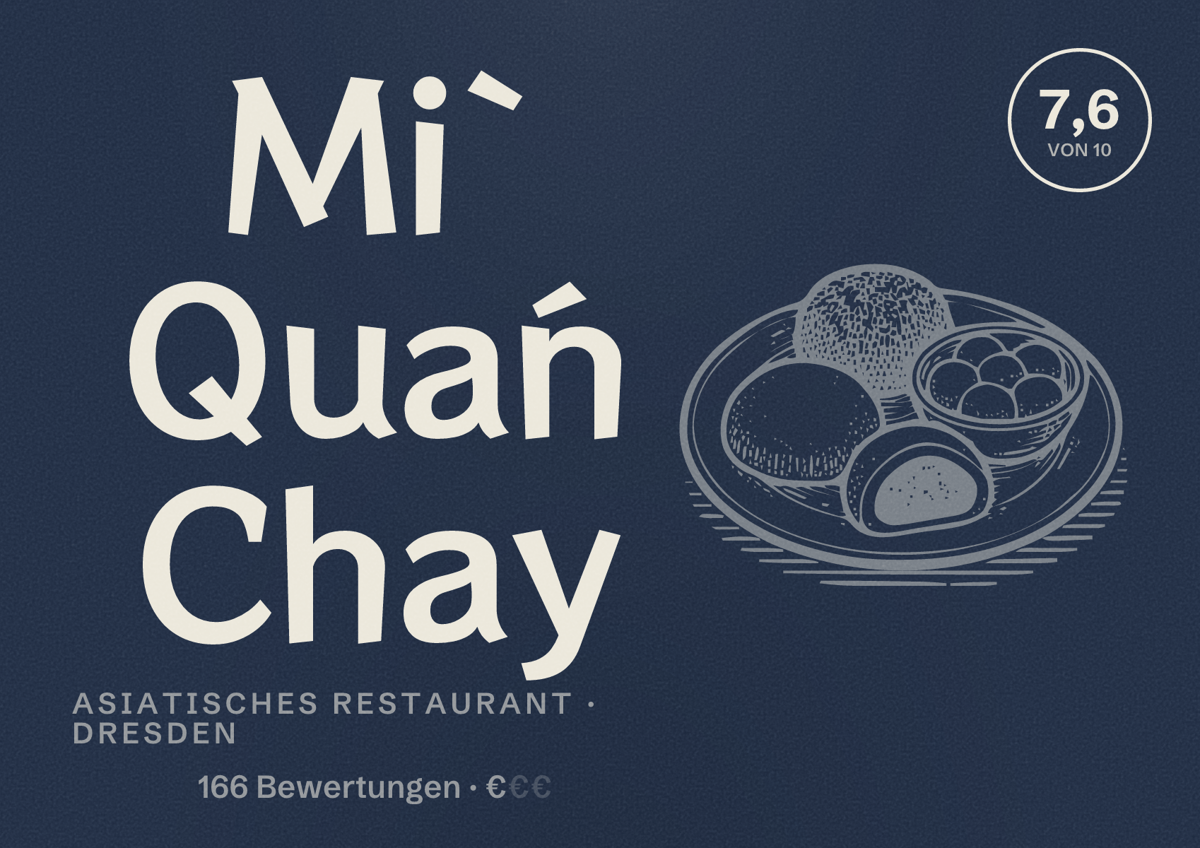 Illustriertes Poster von Mì Quán Chay, Asiatisches Restaurant in Dresden: Bewertung 7,6 von 10 aus 166 Bewertungen, Preisniveau €