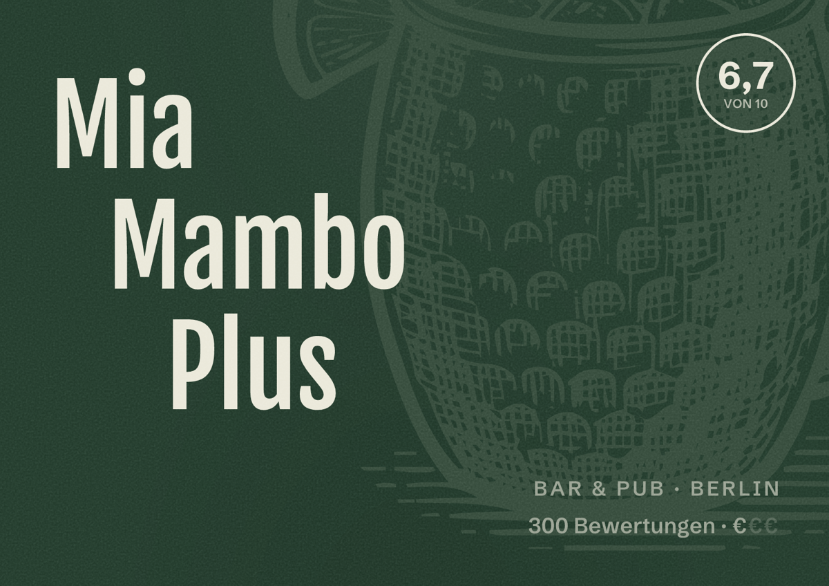 Illustriertes Poster von Mia Mambo Plus, Bar & Pub in Berlin: Bewertung 6,7 von 10 aus 300 Bewertungen, Preisniveau €
