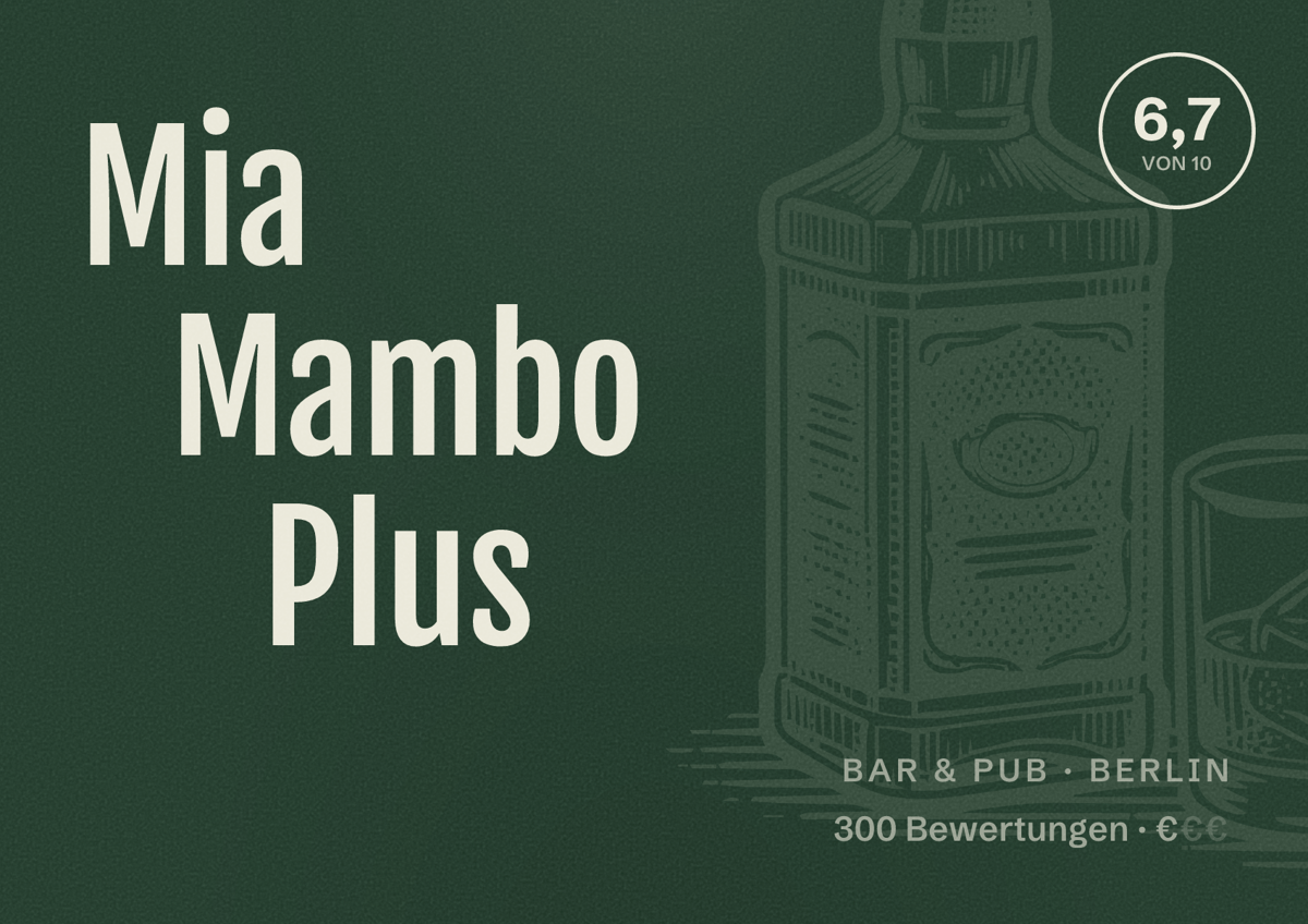 Illustriertes Poster von Mia Mambo Plus, Bar & Pub in Berlin: Bewertung 6,7 von 10 aus 300 Bewertungen, Preisniveau €