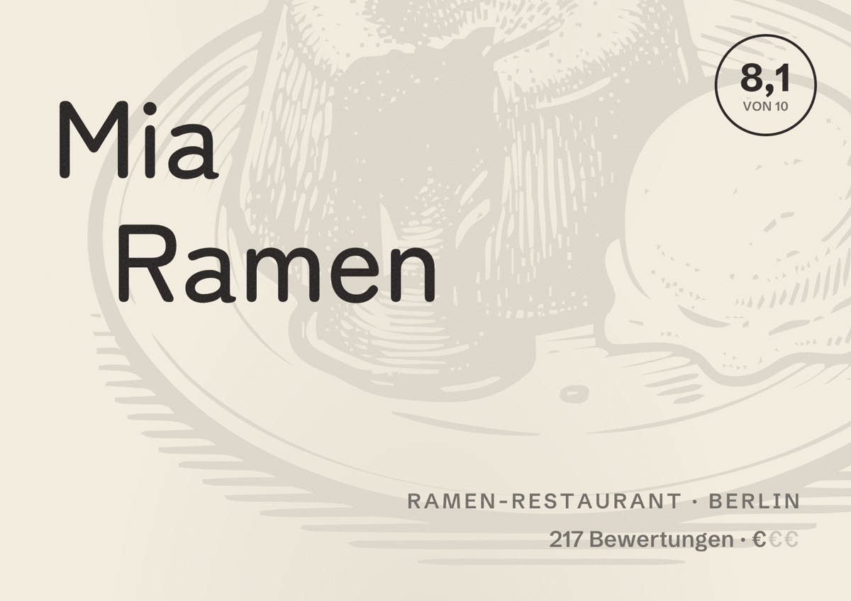 Illustriertes Poster von Mia Ramen, Ramen-Restaurant in Berlin: Bewertung 8,1 von 10 aus 217 Bewertungen, Preisniveau €