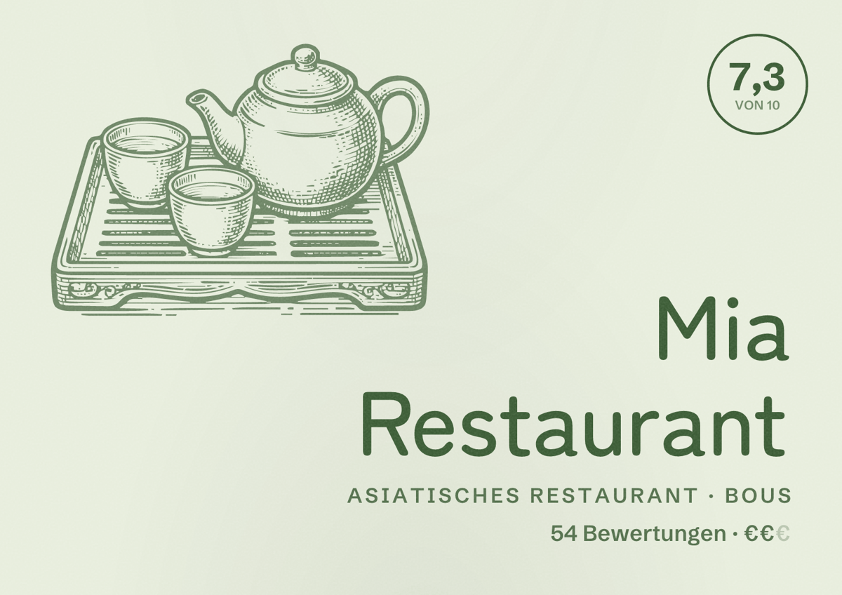 Illustriertes Poster von Mia Restaurant, Asiatisches Restaurant in Bous: Bewertung 7,3 von 10 aus 54 Bewertungen, Preisniveau €€