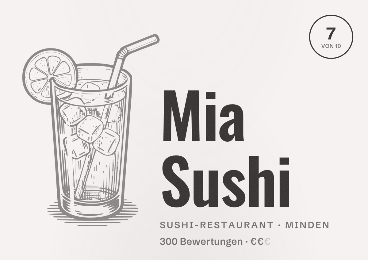 Illustriertes Poster von Mia Sushi, Sushi-Restaurant in Minden: Bewertung 7 von 10 aus 300 Bewertungen, Preisniveau €€