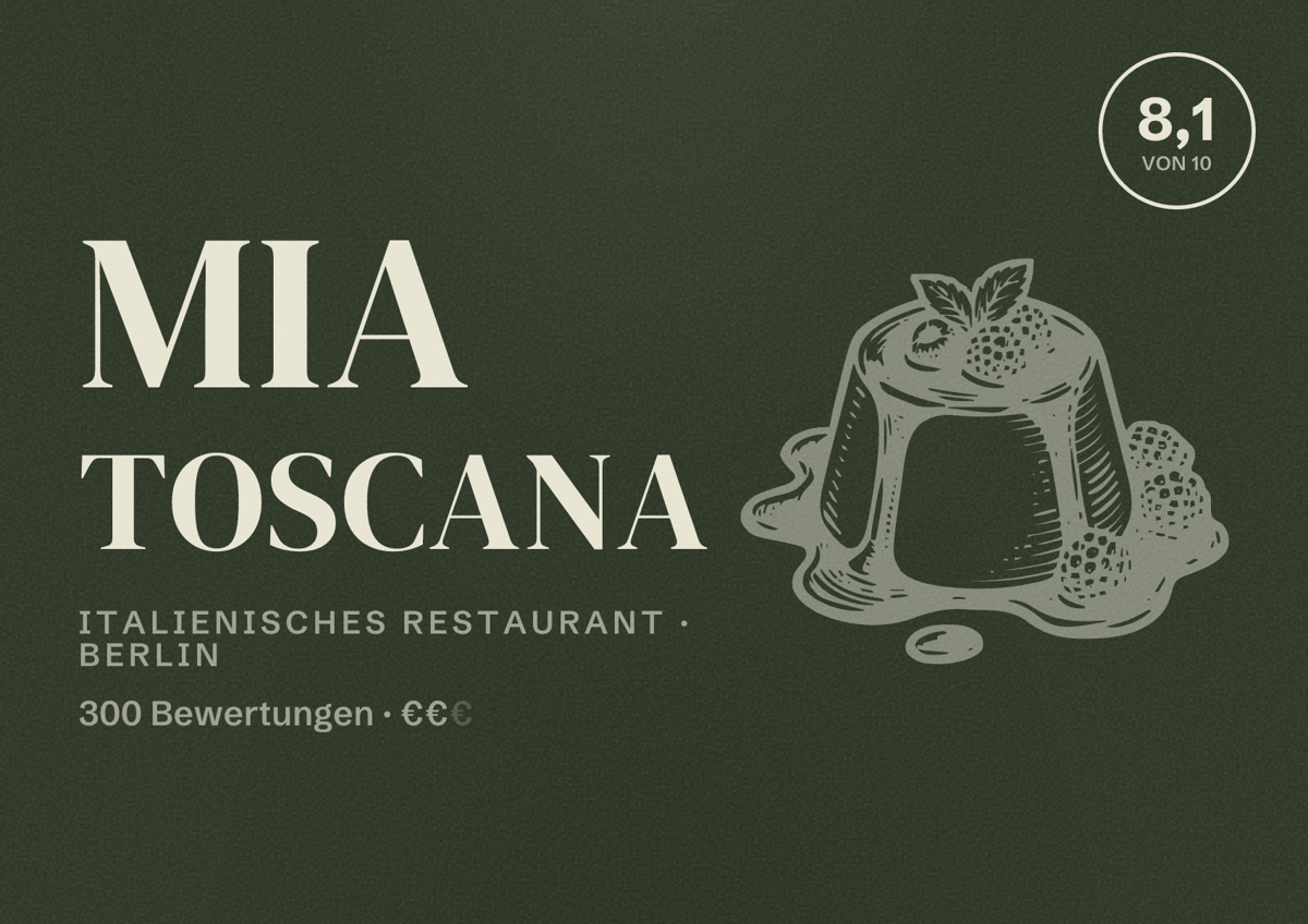 Illustriertes Poster von Mia Toscana, Italienisches Restaurant in Berlin: Bewertung 8,1 von 10 aus 300 Bewertungen, Preisniveau €€