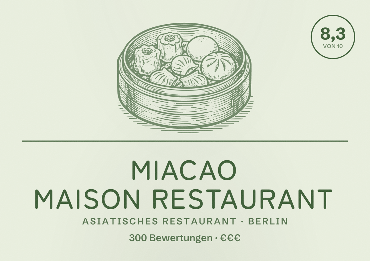 Illustriertes Poster von Miacao Maison Restaurant, Asiatisches Restaurant in Berlin: Bewertung 8,3 von 10 aus 300 Bewertungen, Preisniveau €€€