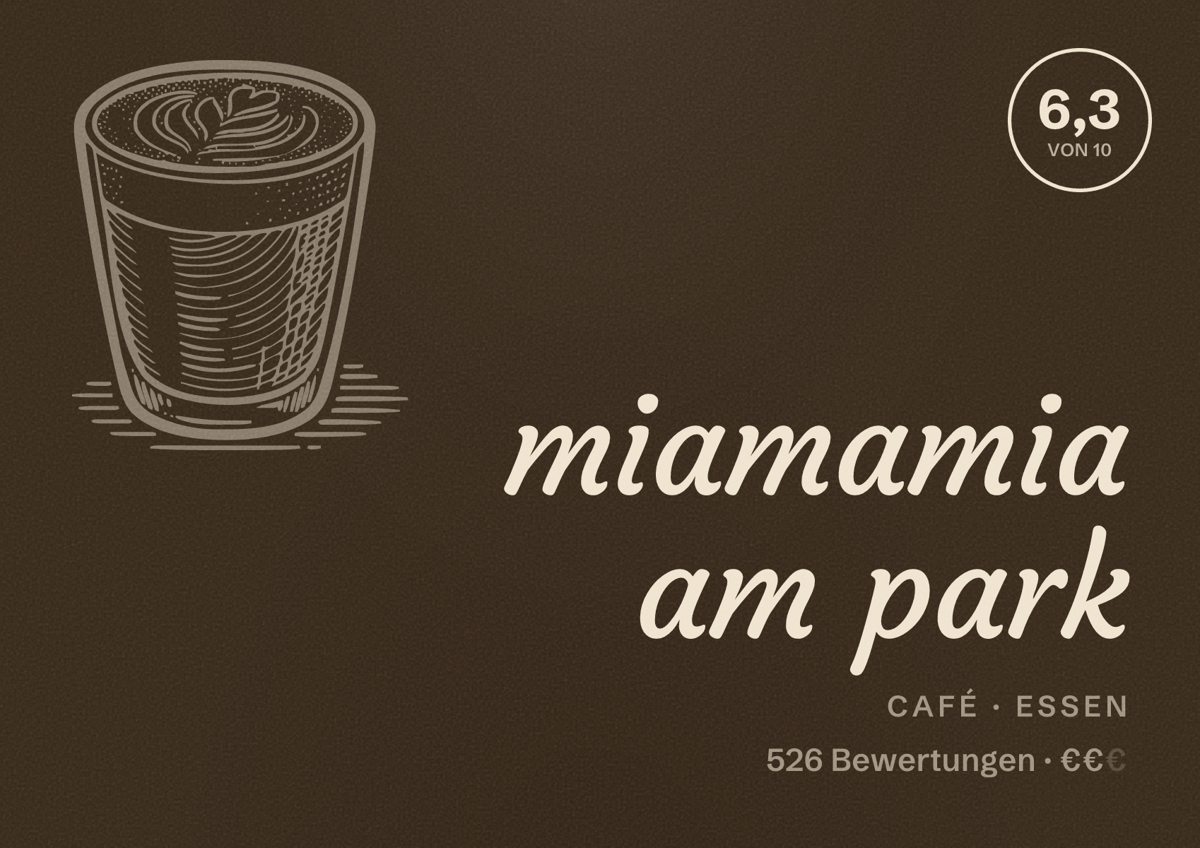 Illustriertes Poster von miamamia am park, Café in Essen: Bewertung 6,3 von 10 aus 526 Bewertungen, Preisniveau €€