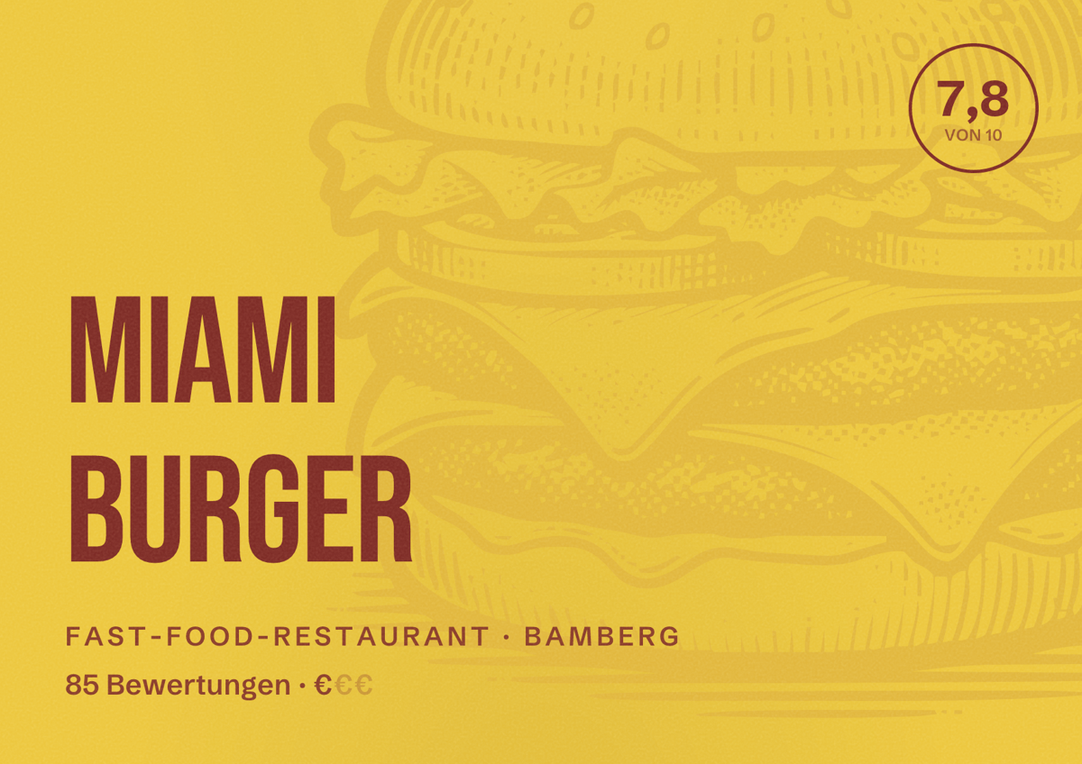Illustriertes Poster von Miami Burger, Fast-Food-Restaurant in Bamberg: Bewertung 7,8 von 10 aus 85 Bewertungen, Preisniveau €