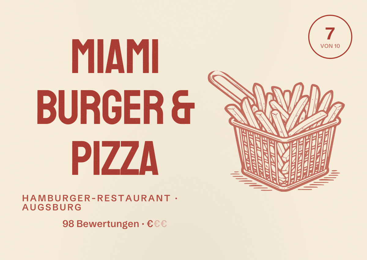 Illustriertes Poster von Miami Burger & Pizza, Hamburger-Restaurant in Augsburg: Bewertung 7,0 von 10 aus 98 Bewertungen, Preisniveau €