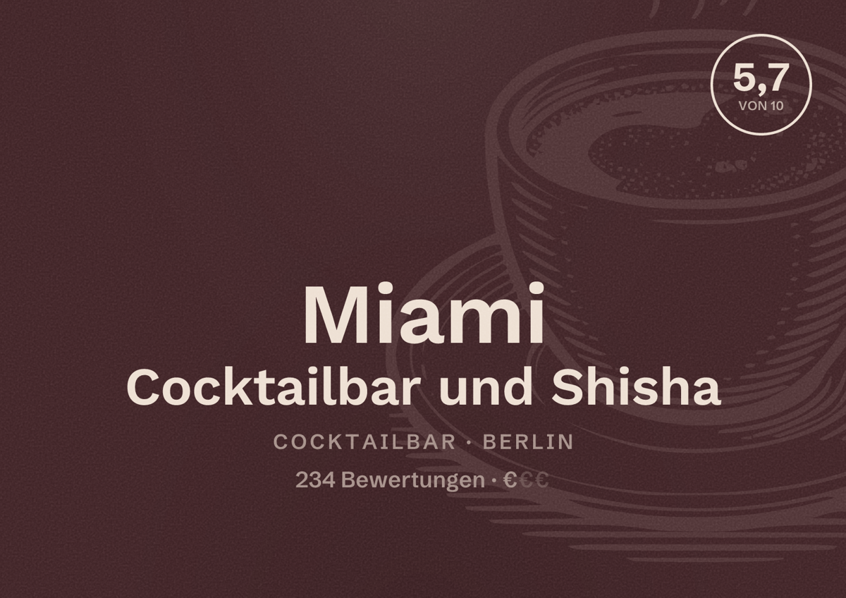 Illustriertes Poster von Miami Cocktailbar und Shisha, Cocktailbar in Berlin: Bewertung 5,7 von 10 aus 234 Bewertungen, Preisniveau €