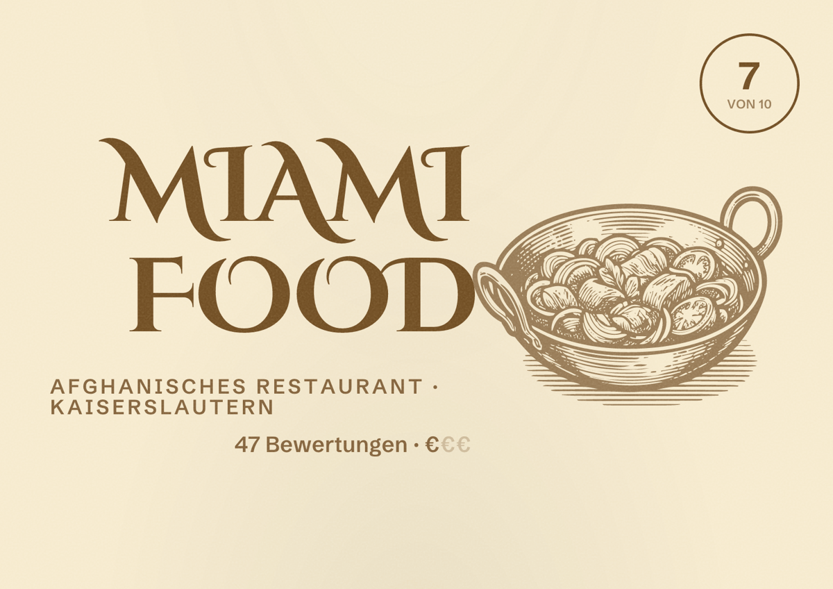 Illustriertes Poster von Miami Food, Afghanisches Restaurant in Kaiserslautern: Bewertung 7 von 10 aus 47 Bewertungen, Preisniveau €
