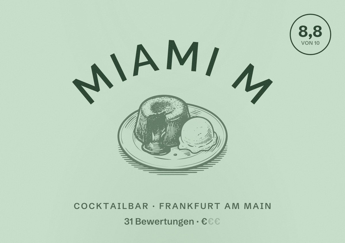 Illustriertes Poster von Miami M, Cocktailbar in Frankfurt am Main: Bewertung 8,8 von 10 aus 31 Bewertungen, Preisniveau €