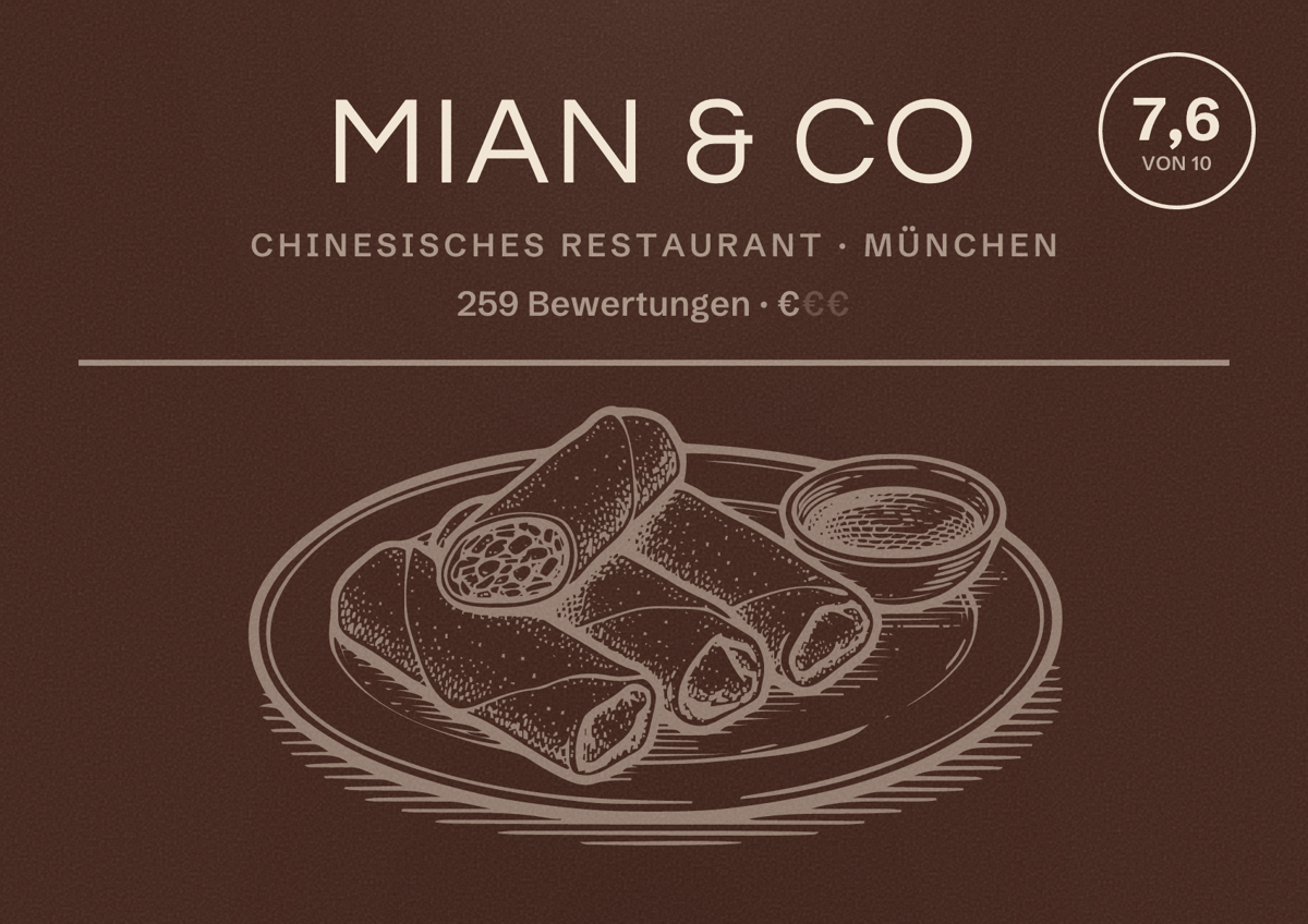 Illustriertes Poster von MIAN & CO, Chinesisches Restaurant in München: Bewertung 7,6 von 10 aus 259 Bewertungen, Preisniveau €