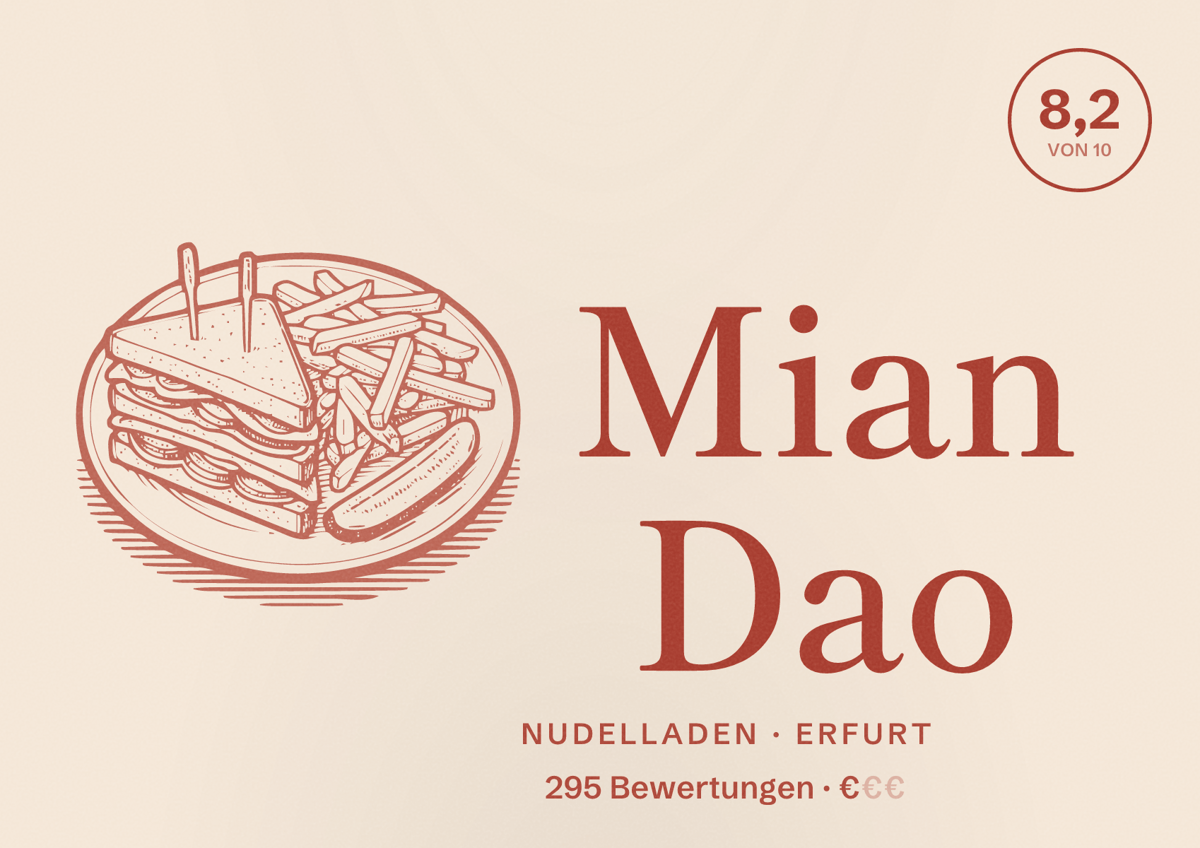 Illustriertes Poster von Mian Dao, Nudelladen in Erfurt: Bewertung 8,2 von 10 aus 295 Bewertungen, Preisniveau €