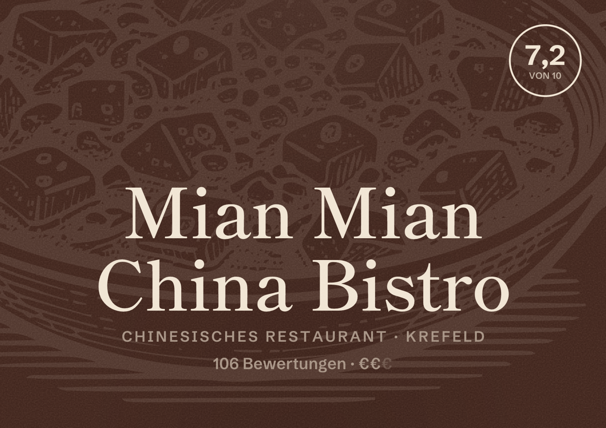 Illustriertes Poster von Mian Mian China Bistro, Chinesisches Restaurant in Krefeld: Bewertung 7,2 von 10 aus 106 Bewertungen, Preisniveau €€