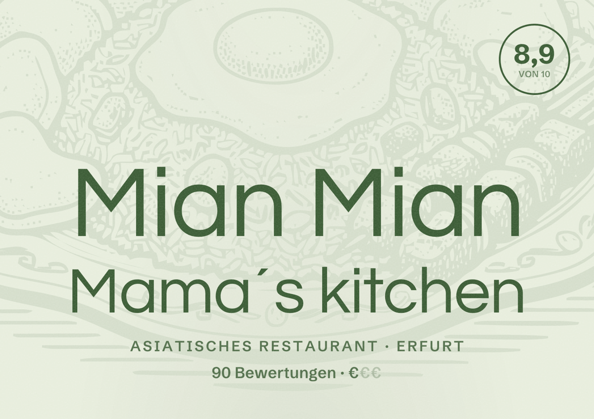 Illustriertes Poster von Mian Mian Mama´s kitchen, Asiatisches Restaurant in Erfurt: Bewertung 8,9 von 10 aus 90 Bewertungen, Preisniveau €