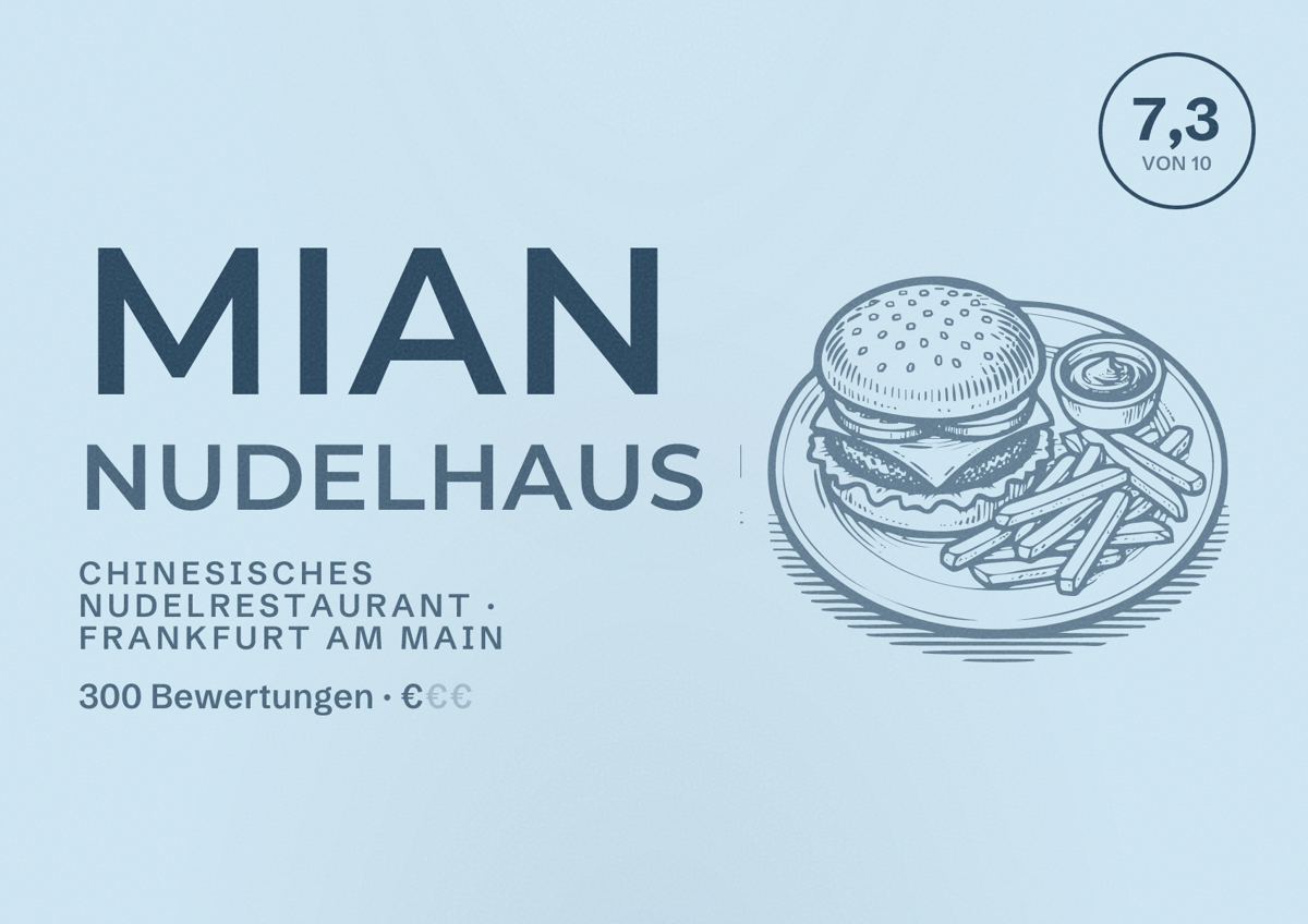 Illustriertes Poster von Mian Nudelhaus, Chinesisches Nudelrestaurant in Frankfurt am Main: Bewertung 7,3 von 10 aus 300 Bewertungen, Preisniveau €
