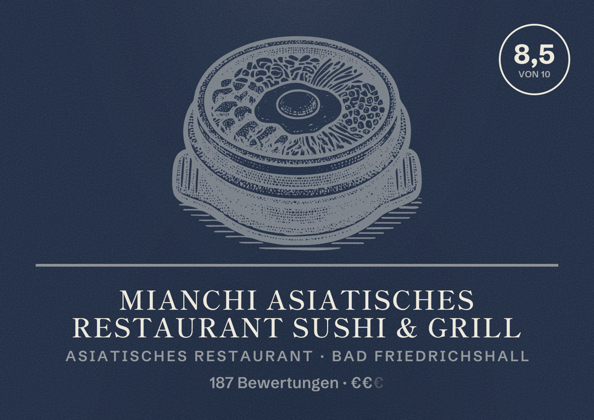 Illustriertes Poster von Mianchi Asiatisches Restaurant Sushi & Grill, Asiatisches Restaurant in Bad Friedrichshall: Bewertung 8,5 von 10 aus 187 Bewertungen, Preisniveau €€