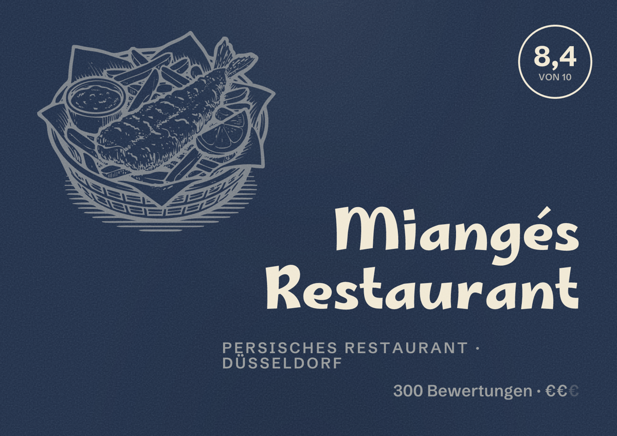 Illustriertes Poster von Miangés Restaurant, Persisches Restaurant in Düsseldorf: Bewertung 8,4 von 10 aus 300 Bewertungen, Preisniveau €€