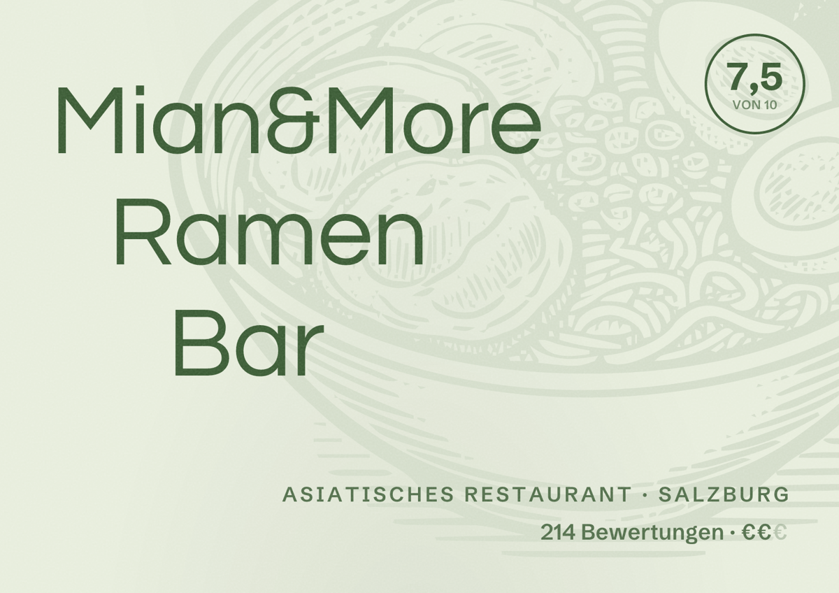 Illustriertes Poster von Mian&More Ramen Bar, Asiatisches Restaurant in Salzburg: Bewertung 7,5 von 10 aus 214 Bewertungen, Preisniveau €€